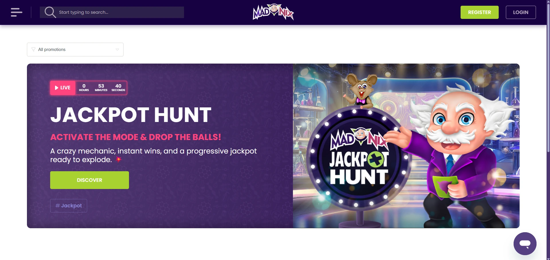MadNix Casino bonus section with the welcome package