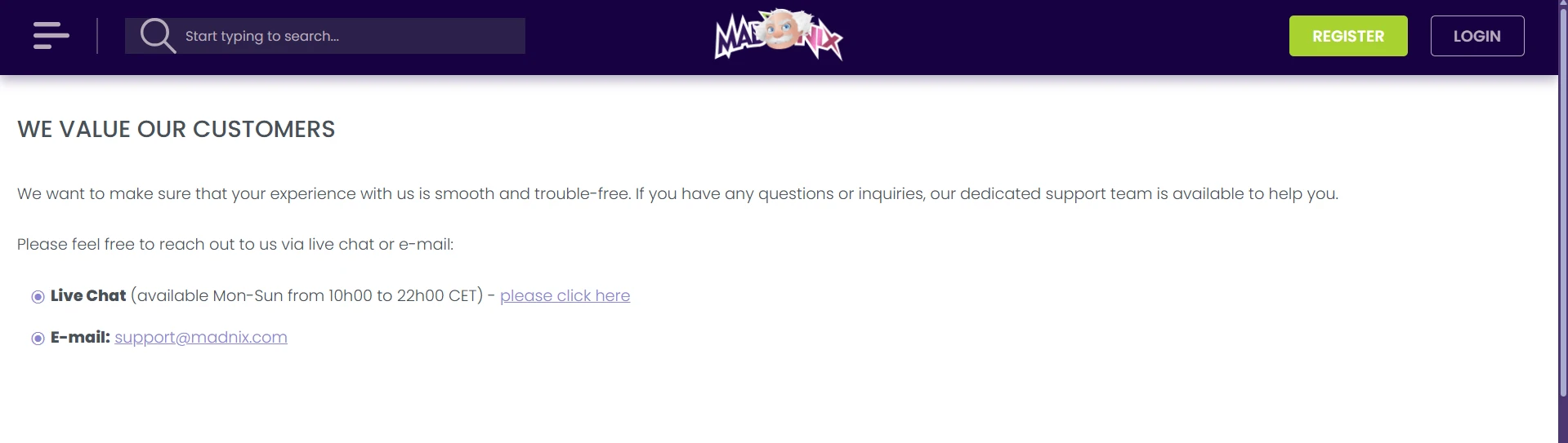 MadNix Casino support contact options