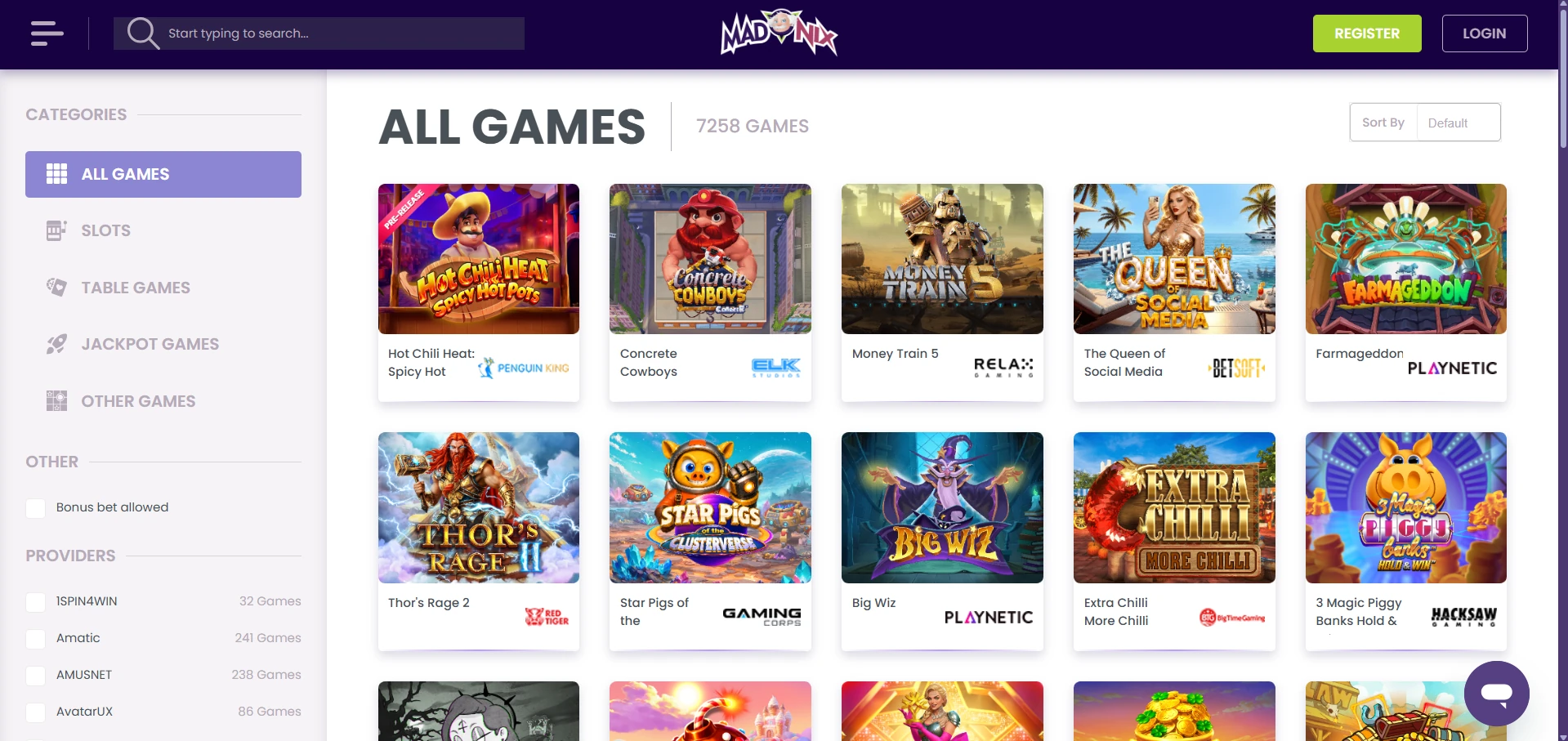 MadNix Casino games lobby with game icons