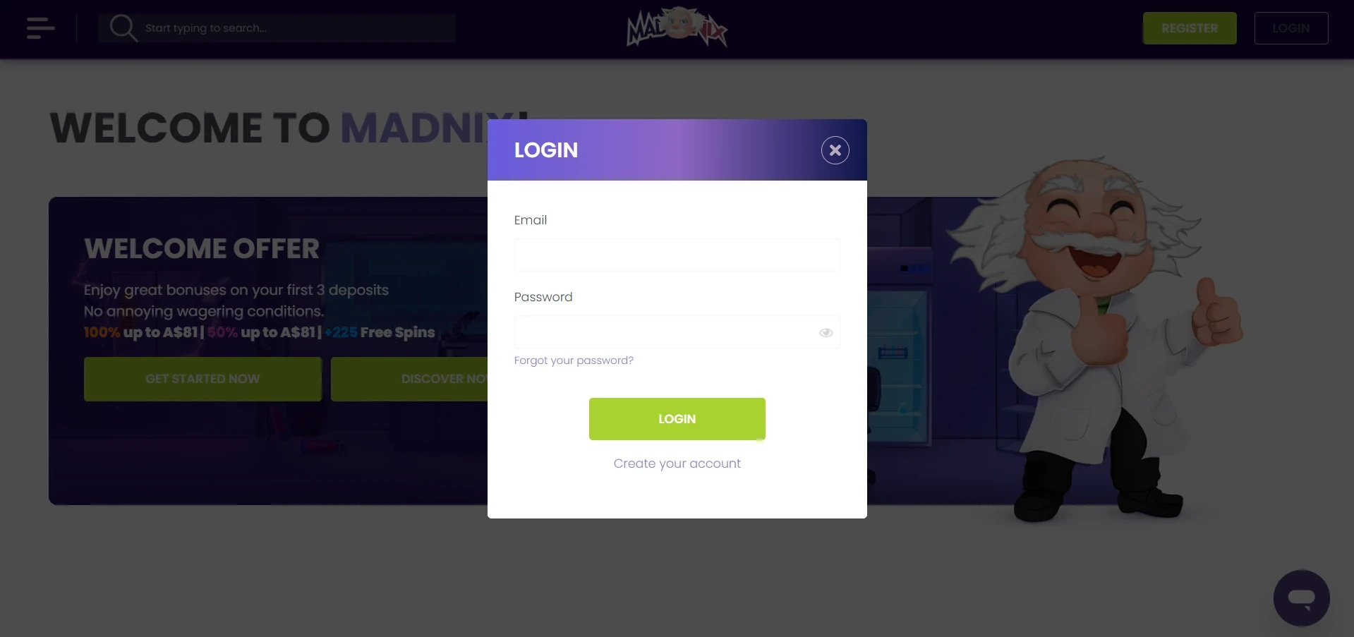 MadNix Casino login form